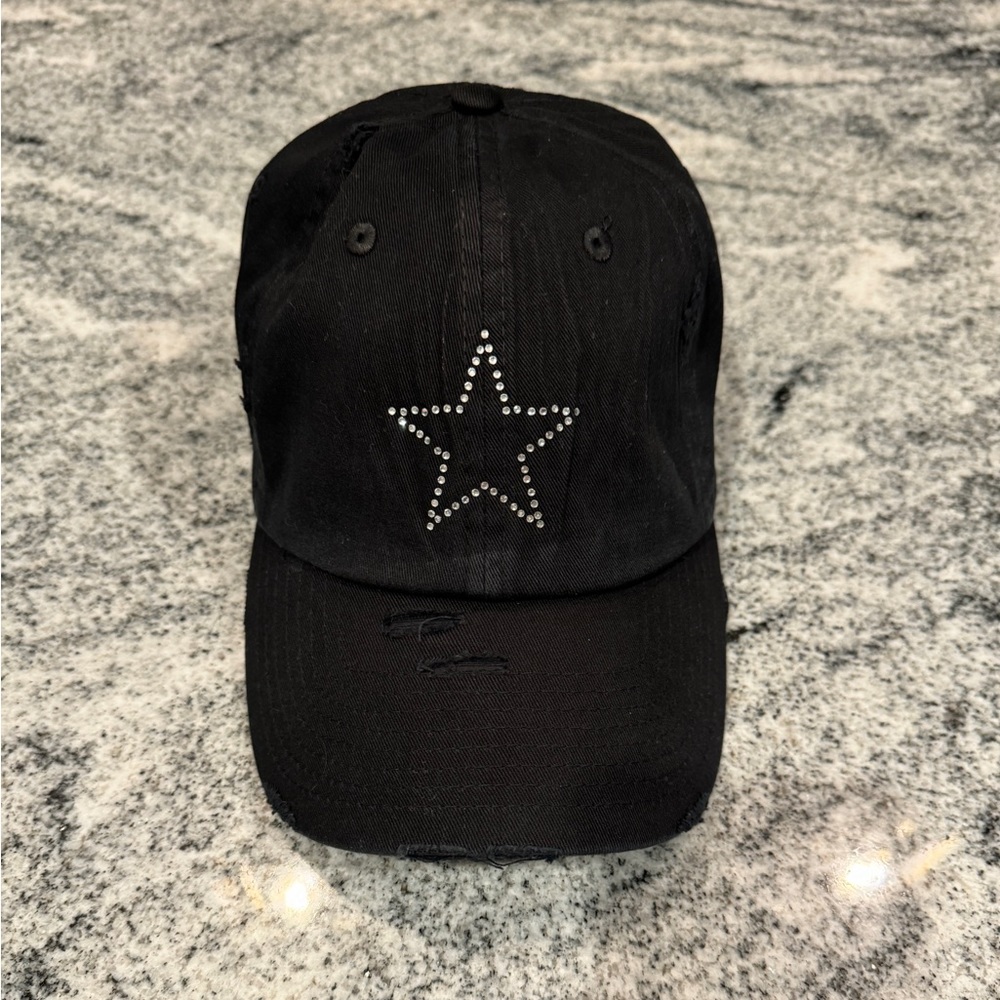 New Custom Designed Black Distressed Baseball Cap with Crystal Star, Adjustable